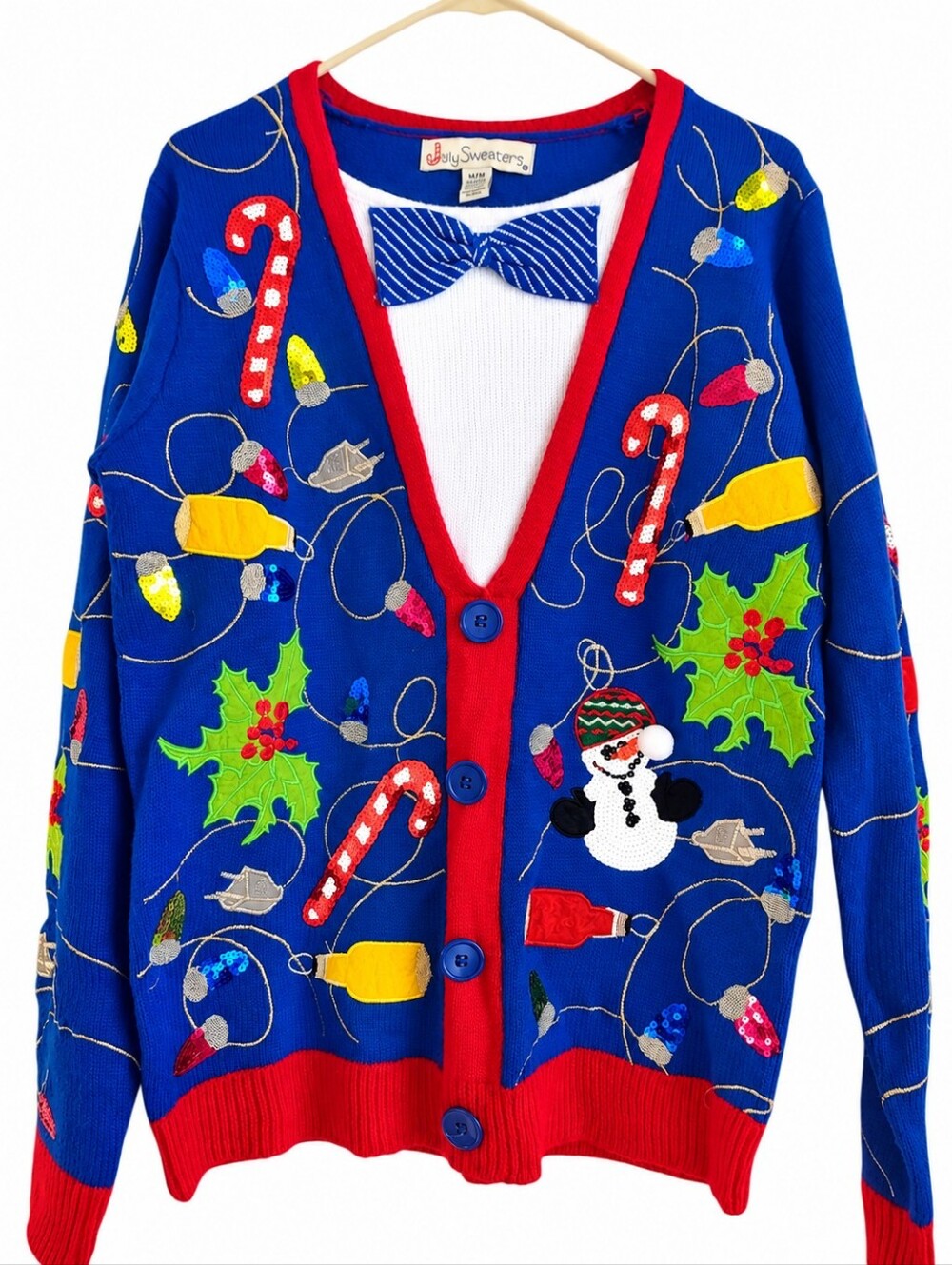 Jolly Sweaters Novelty Blue Holiday Cardigan Sweater with Red Trim, Medium